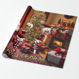 Papier Cadeau Père Noël et elfes après le travail.