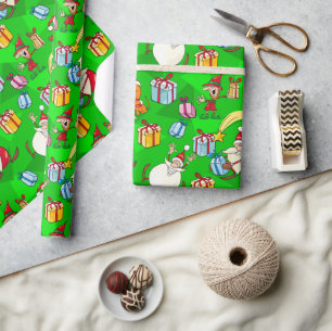 Papier Cadeau Père Noël et Elfes Verts de Noël