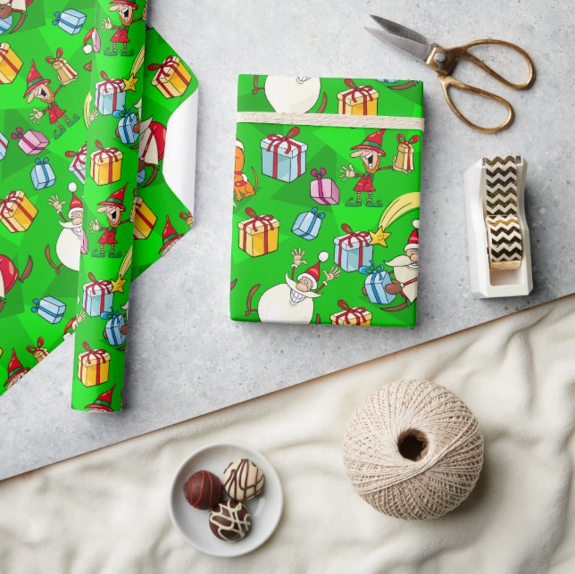 Papier Cadeau Père Noël et Elfes Verts de Noël (Artisanat)