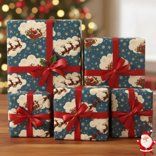 Papier Cadeau Père Noël et rennes vintage Classique des années 1
