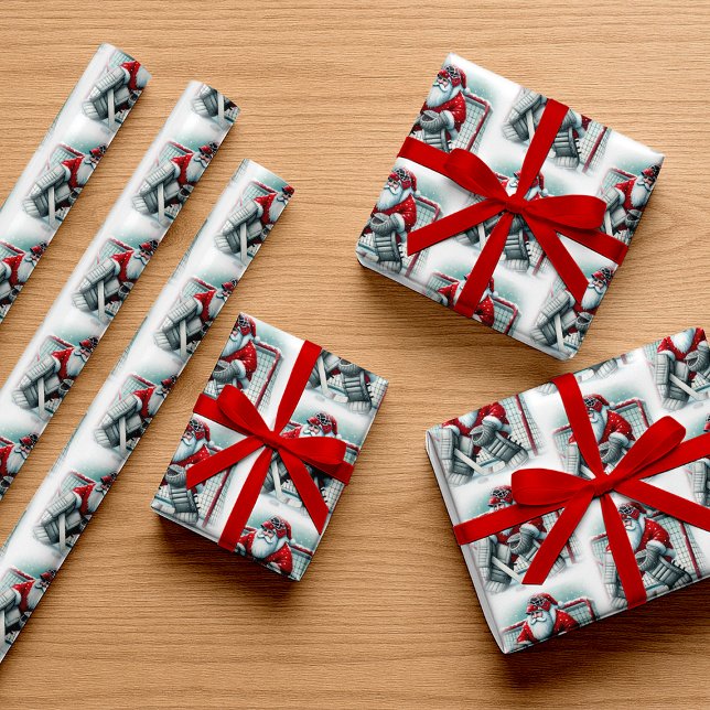 Papier Cadeau Père Noël Gardien de but de hockey de Noël (Santa Hockey Goalie Christmas Wrapping Paper)