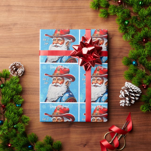 Papier Cadeau Père Noël joyeux dans un chapeau western de Noël (Cadeau de vacances)