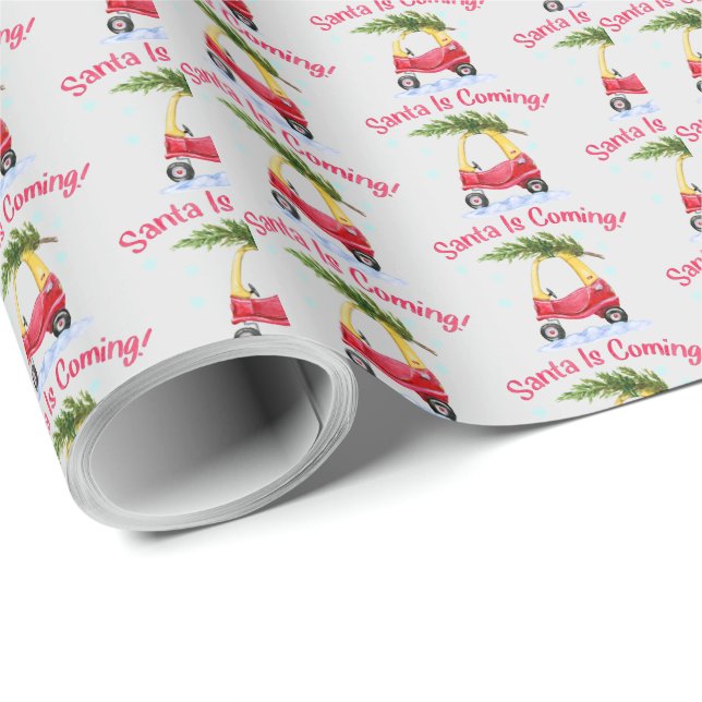 Papier Cadeau père Noël Les Enfants À Venir Voiture Rouge Arbre  (Coin rond)