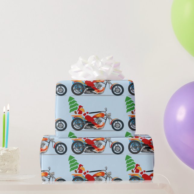 Papier Cadeau Père Noël moto sur un hélico portant un arbre de N (Cadeaux de fête)
