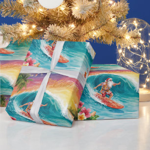 Papier Cadeau Père Noël Noël en juillet à la plage surfeur