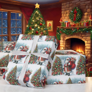 Papier Cadeau Père Noël noire dans l'arbre et les cadeaux de Noë