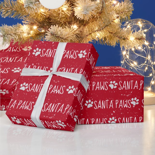 Papier Cadeau Père Noël Paws - Empreintes de Noël en rouge (Vacances)