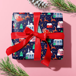 Papier Cadeau Père Noël & Reindeers Noël Nuit Nordique Village