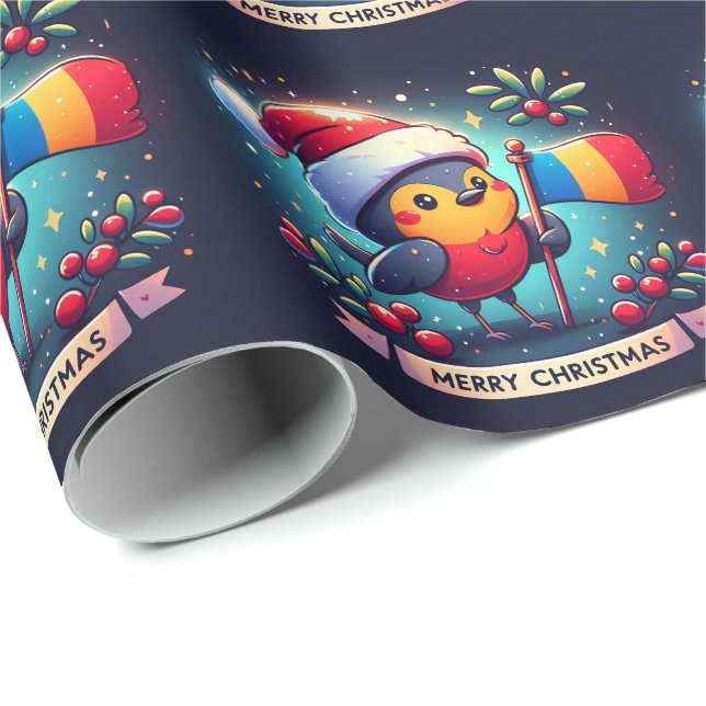 Papier Cadeau Père Noël Robins tenant le drapeau roumain (Coin rond)
