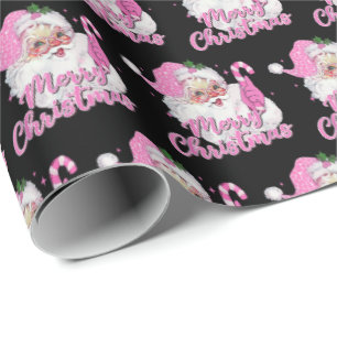 Papier Cadeau Père Noël Rose Vintage Joyeux Noël Noir