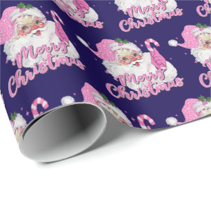 Papier Cadeau Père Noël rose vintage sur fond bleu