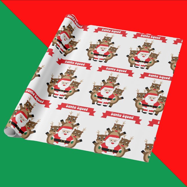 Papier Cadeau Père Noël Squad Christmas Reindeer Drôle (Wrapping paper with a funny pattern of Santa & reindeer with a banner that says Santa Squad.)