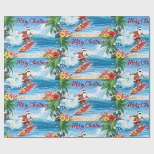 Papier Cadeau Père Noël sur les vagues Joyeux Noël depuis la Côt