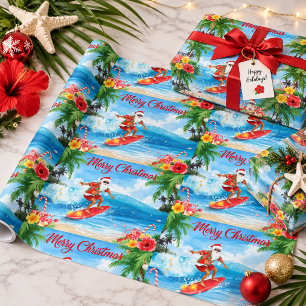 Papier Cadeau Père Noël sur les vagues Joyeux Noël depuis la Côt