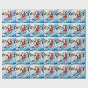 Papier Cadeau Père Noël surfant sur une grosse vague