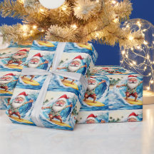 Père Noël surfant sur une grosse vague à Hawaï