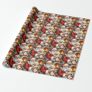 Papier Cadeau Père Noël tenant l'art de Noël de Bichon Frise