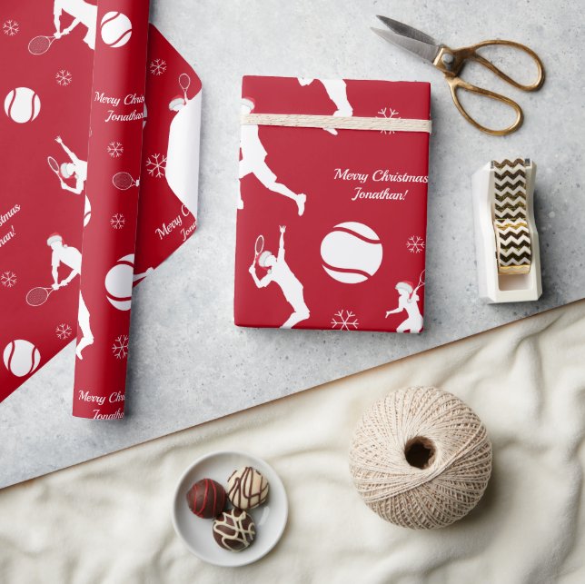 Papier Cadeau Père Noël Tennis Player Ball Motif Red Xmas Nom de (Artisanat)
