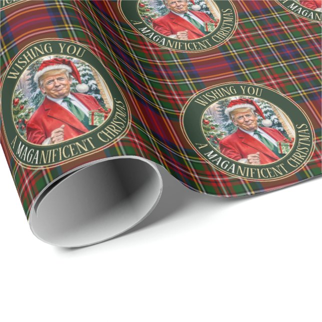 Papier Cadeau Père Noël Trump MAGA Christmas Tartan Plaid (Coin rond)