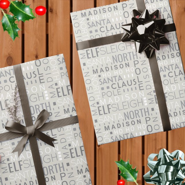 Papier Cadeau Père Noël Typographie Chic Grey Cute Ajouter Nom e (Add your child's name to this chic gray Christmas wrapping paper with a Santa typography design)