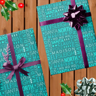 Papier Cadeau Père Noël Typographie Turquoise Blue Cute Ajouter 