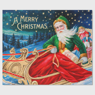 Papier Cadeau Père Noël vert vintage traîneau nuit étoilée Noël
