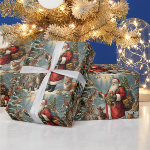 Papier Cadeau Père Noël victorienne avec animaux présents et for