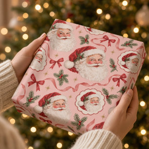 Papier Cadeau Père Noël vintage rose et Noël au nœud rouge 
