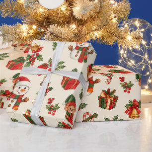 Papier Cadeau Père Noël vintage rouge et vert de Noël Renne