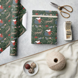 Papier Cadeau Père Noël Vintage Traîneau Renne Noël