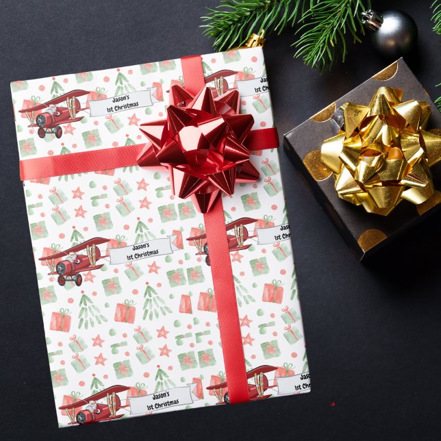 Papier Cadeau Père Noël Vol Avion, Premier Noël Personnalisé (Créateur téléchargé)