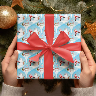 Papier Cadeau Père Noël Whimsical Jouer Golf, Snowman Et Rennes