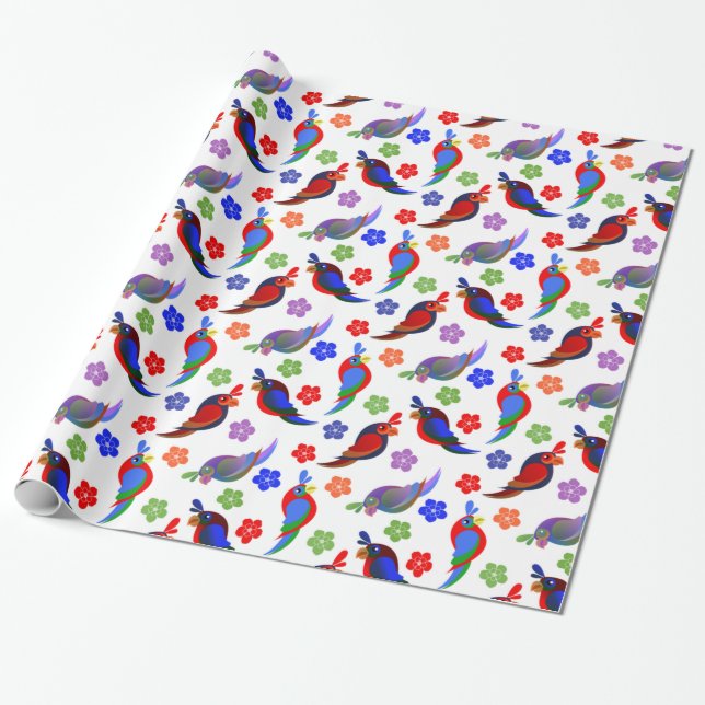 Papier Cadeau Perroquets et fleurs (Déroulé)