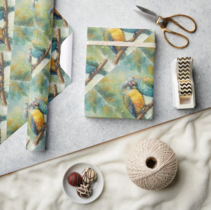Papier Cadeau Perruches mignonnes se câlinant dans le style aqu