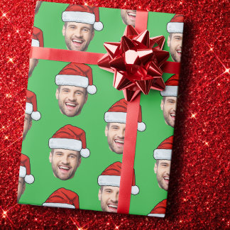 Papier Cadeau Personalised Face Santa Hat Green Gift Wrap