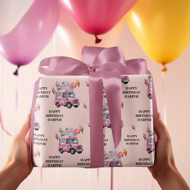 Papier Cadeau Personalized Ice Cream Truck Pink Birthday (Créateur téléchargé)