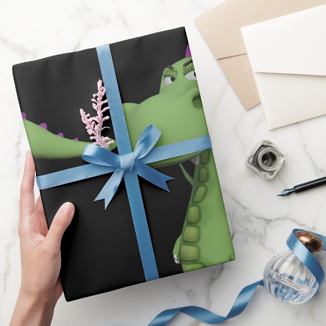 Papier Cadeau Personnage de dinosaure vert avec des pointes viol (Créateur téléchargé)