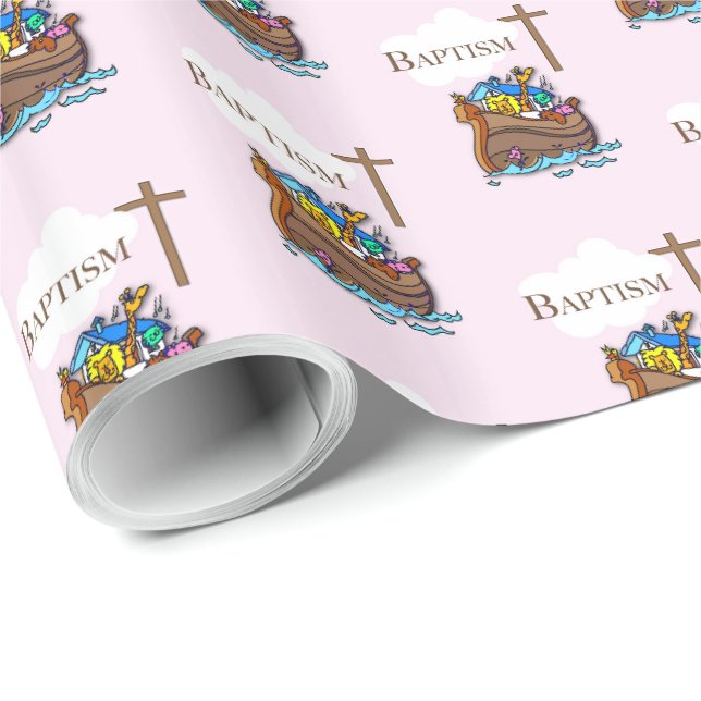 Papier Cadeau Personnalisable, baptême de bébé fille Arche de No (Coin rond)