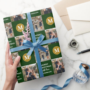 Papier Cadeau Personnalisé 2 Photo Monogram Green Gold Holiday