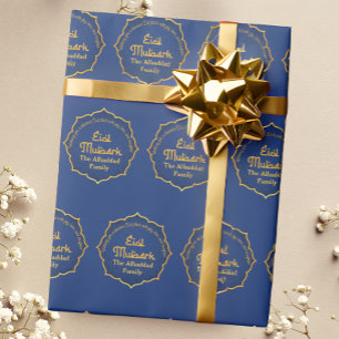 Papier Cadeau Personnalisé avec le nom bleu et or Aïd Moubarak