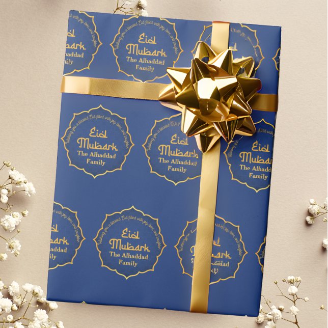 Papier Cadeau Personnalisé avec le nom bleu et or Aïd Moubarak (Créateur téléchargé)