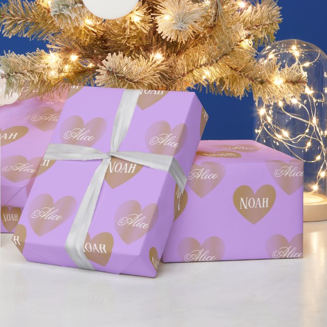 Papier Cadeau Personnalisé Deux Coeurs D'Or, Mauve (Vacances)