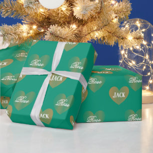 Papier Cadeau Personnalisé Deux Coeurs D'Or, Vert Émeraude