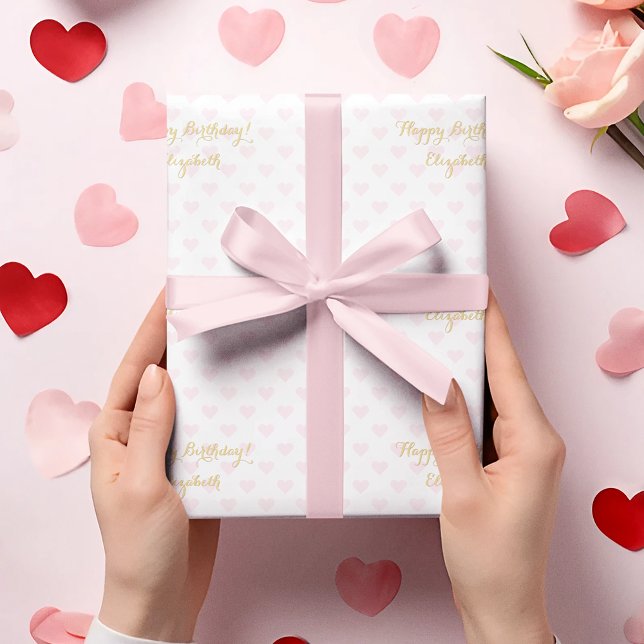 Papier Cadeau Personnalisé Faux Gold Script Coeurs roses (Custom Personalized Faux Gold Script Pink Hearts Wrapping Paper)