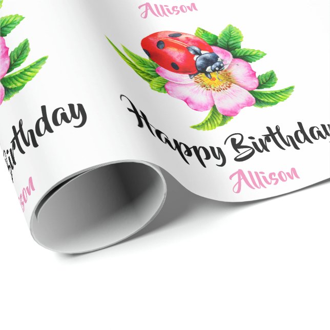 Papier Cadeau Personnalisé Joyeux Anniversaire Floral Ladybug (Coin rond)