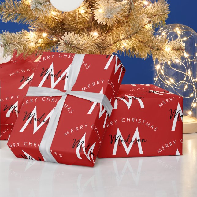 Papier Cadeau Personnalisé moderne Joyeux Noël Monogramme rouge (Vacances)