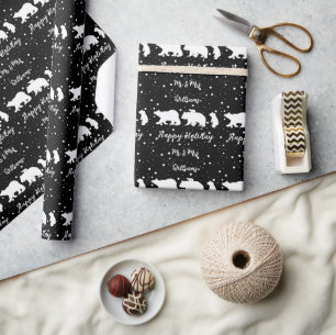 Papier Cadeau Personnalisé Mr & Mrs Cute Polar Bear Famille Noir