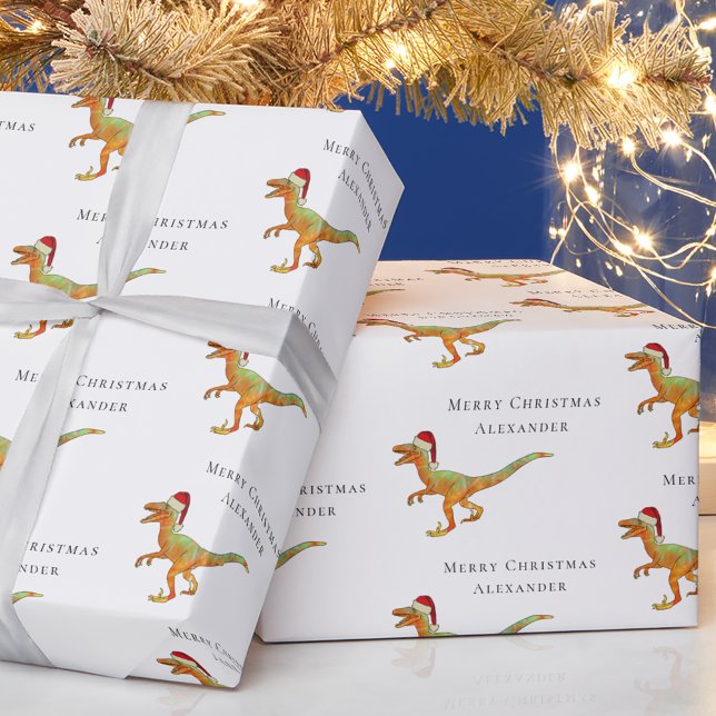 Papier Cadeau Personnalisé Nom du garçon Dinosaure de Noël Veloc (Personalized boy name merry Christmas dinosaur velociraptor Santa white modern gift wrapping paper)