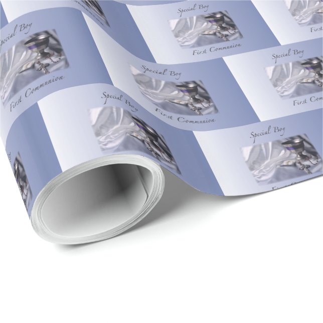 Papier Cadeau Personnaliser, Garçon, Première communion bleue (Coin rond)