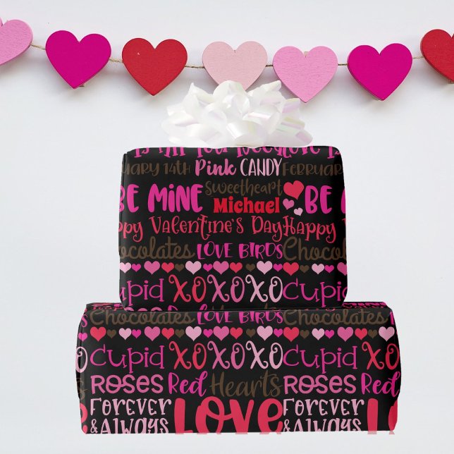 Papier Cadeau Personnaliser le nom Saint Valentin Coeurs rouges  (Créateur téléchargé)